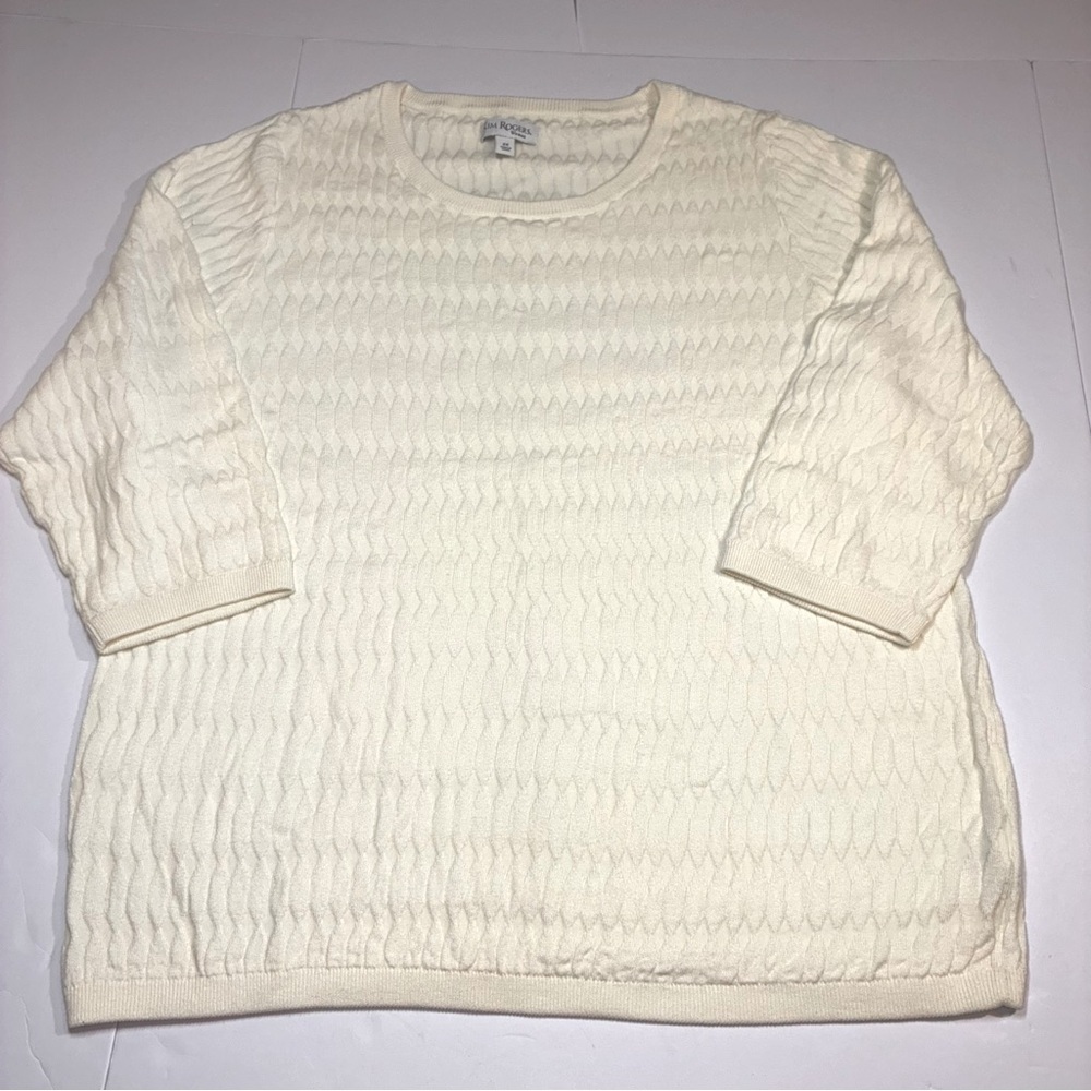 Kim Rogers Women's 3/4 Sleeve Cable Knit Sweater Ivory 2X Crew Neck
